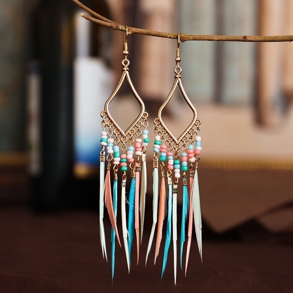 Bohemian Long Tassel Beaded Feather Drop Earrings Light Mixed Pastel Colors Pink